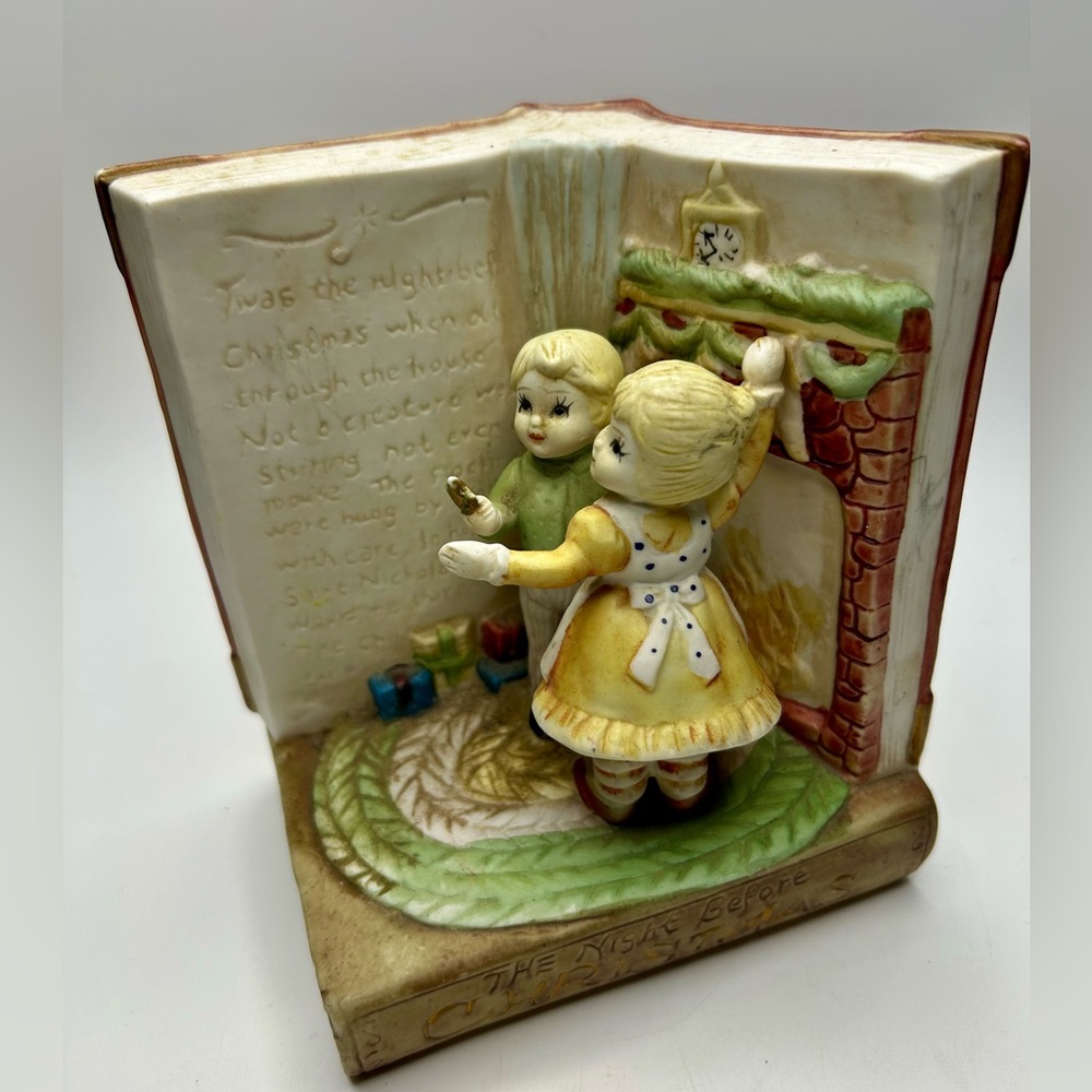 Vtg Charming Holiday Decor Figurine with Children by the Fireplace